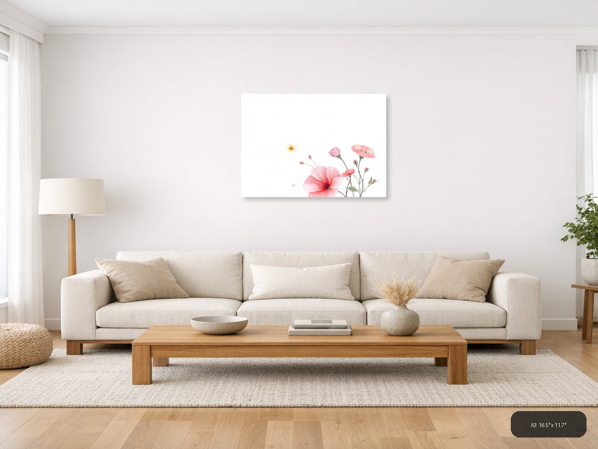 Pink Carnations & Sun Minimalist Floral Wall Art — A3 / Living Room