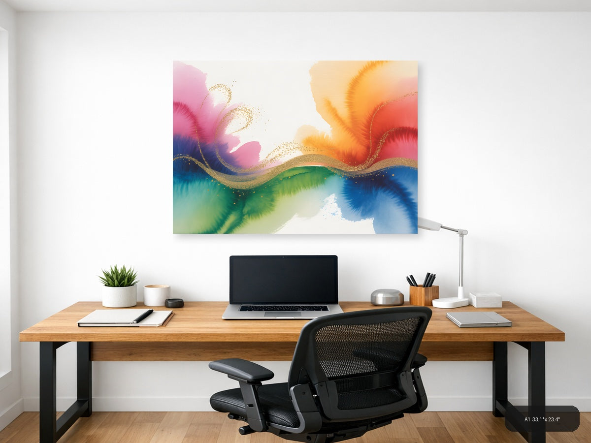 Colorful Watercolor Wave with Gold Accents Wall Art — A1 / Office