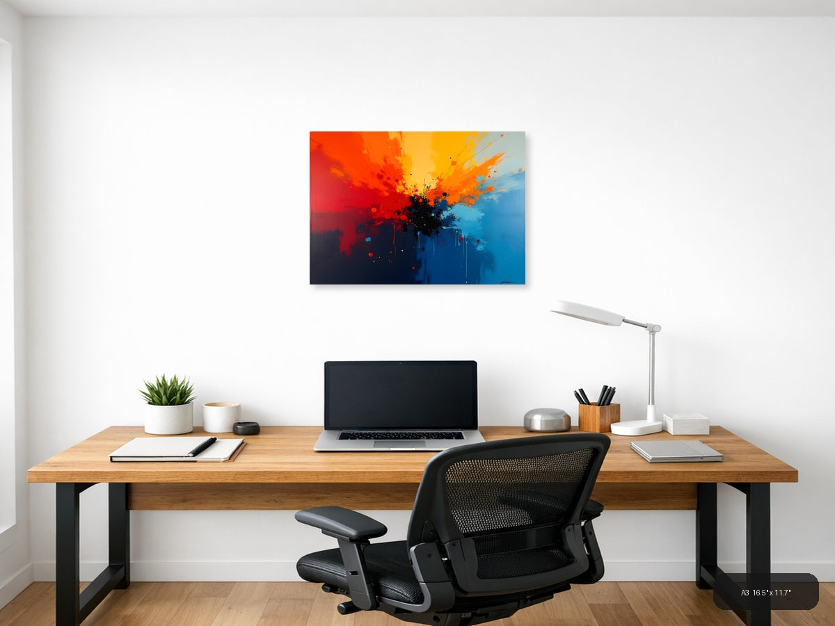 Abstract Explosion Blue Orange Red Splatter Wall Art — A3 / Office