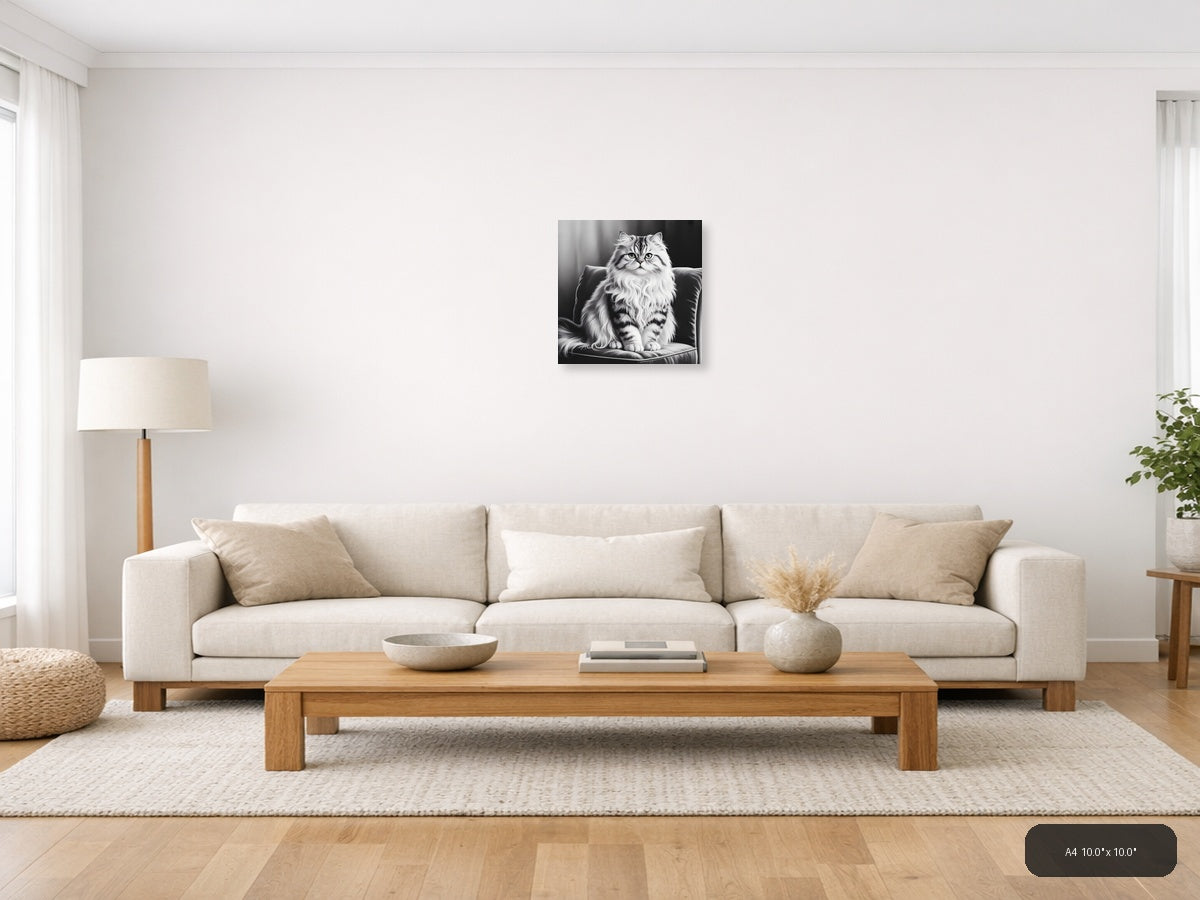 Majestic Fluffy Cat Portrait Black and White Wall Art — A4 / Living Room