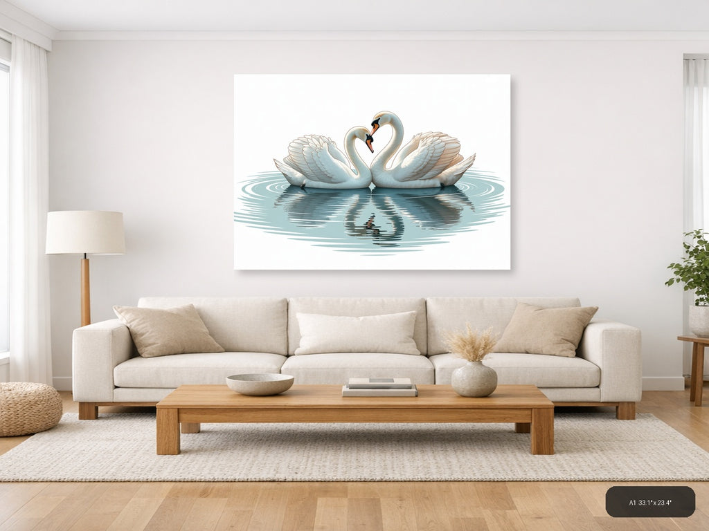 Two White Swans Forming Heart Minimalist Wall Art — A1 / Living Room
