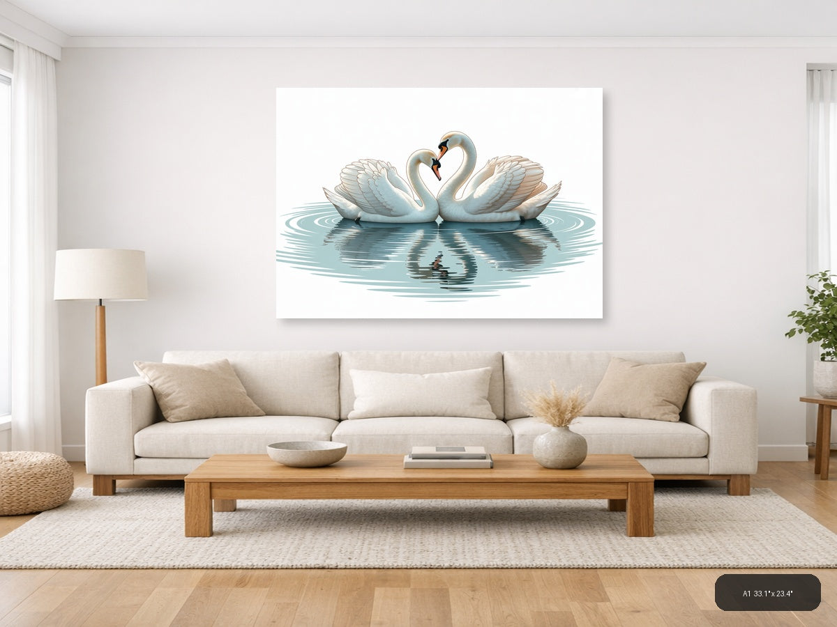 Two White Swans Forming Heart Minimalist Wall Art — A1 / Living Room