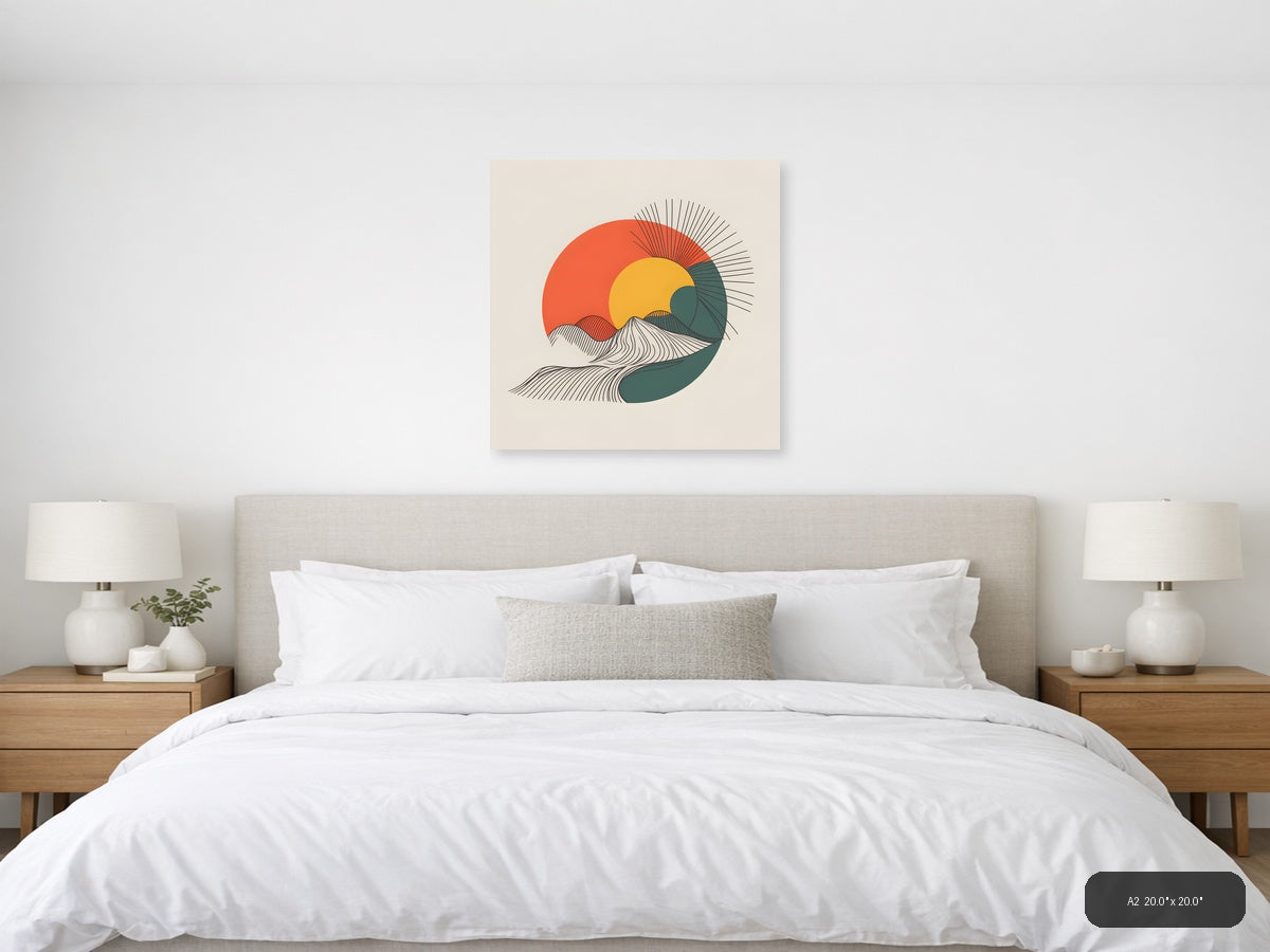 Minimalist Sun and Ocean Wave Line Art Wall Art — A2 / Bedroom