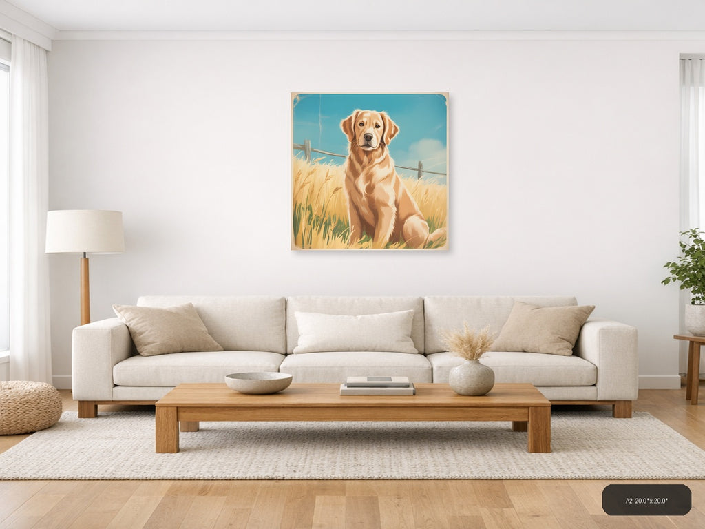 Golden Retriever in Wheat Field Vintage Wall Art — A2 / Living Room