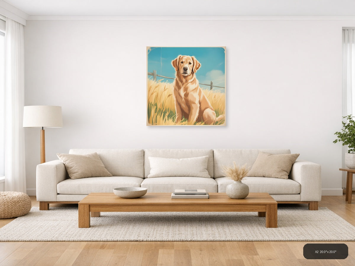 Golden Retriever in Wheat Field Vintage Wall Art — A2 / Living Room
