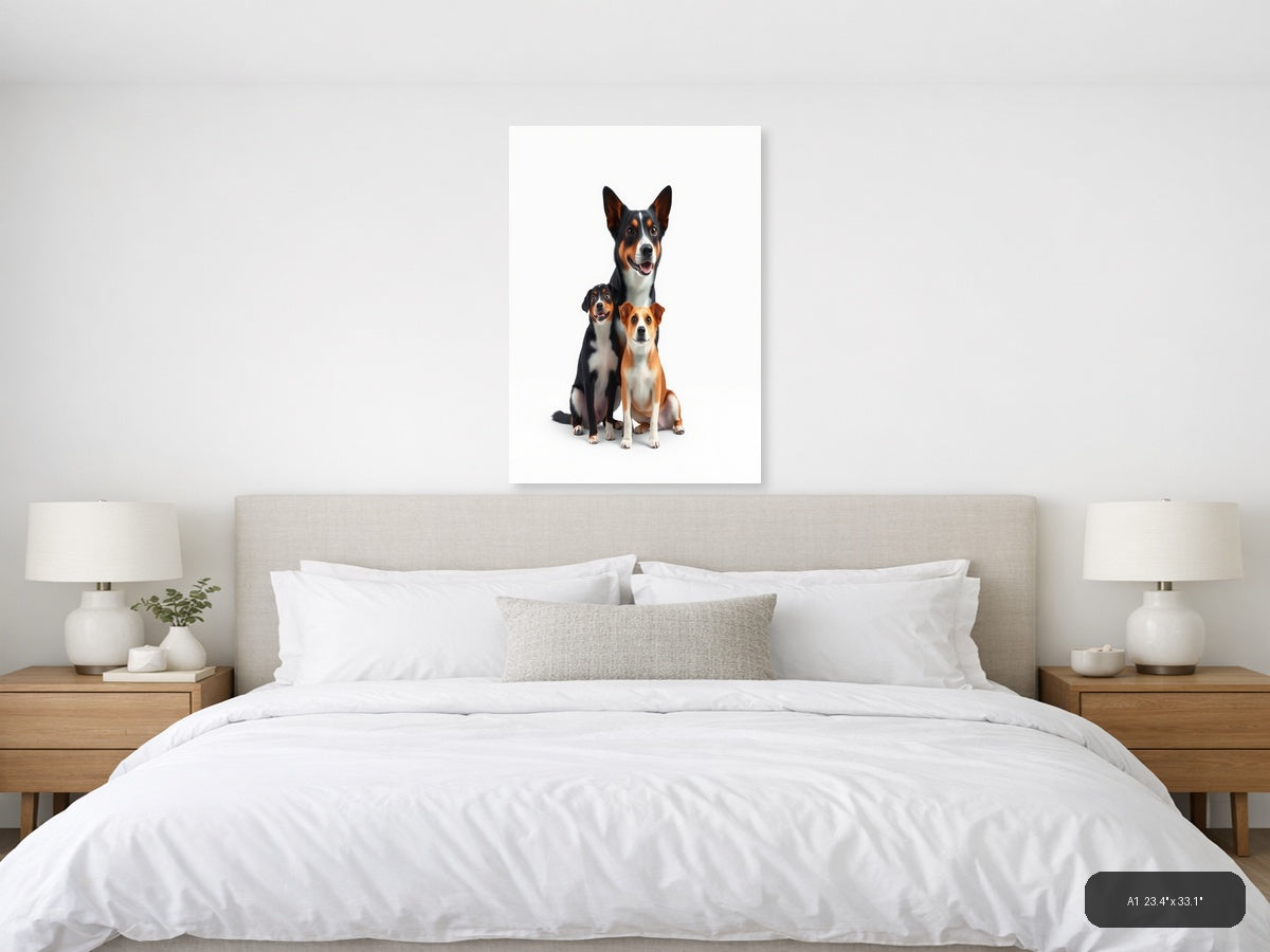 Three Happy Dogs Portrait on White | Minimalist Canvas Wall Art — A1 (Bedroom)