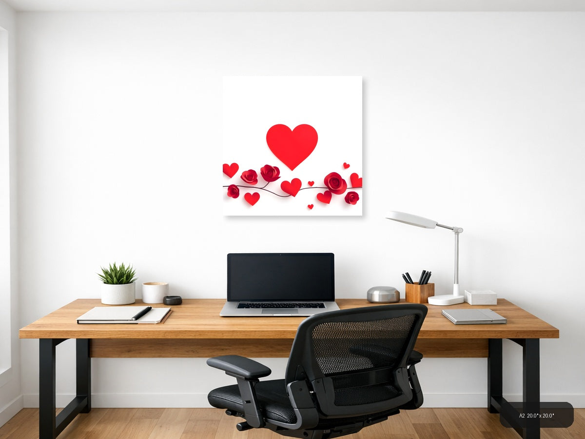 Minimalist Red Hearts and Roses Floral Wall Art — A2 / Office