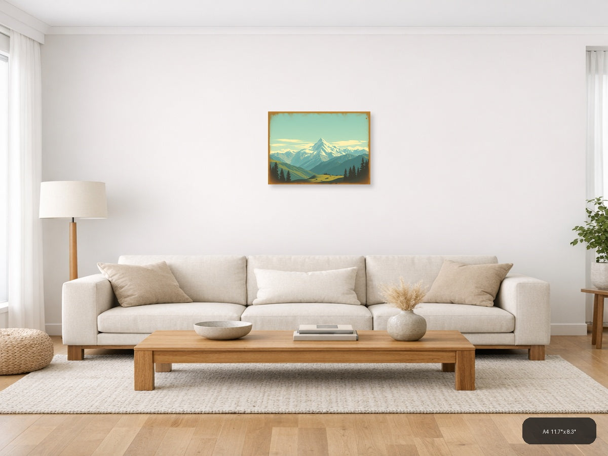 Vintage Alpine Mountain Landscape with Snow Peaks Wall Art — A4 / Living Room
