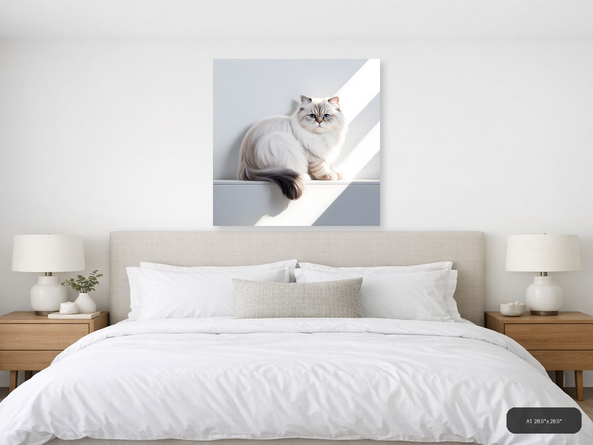 Minimalist White Cat with Blue Eyes Square Wall Art — A1 / Bedroom