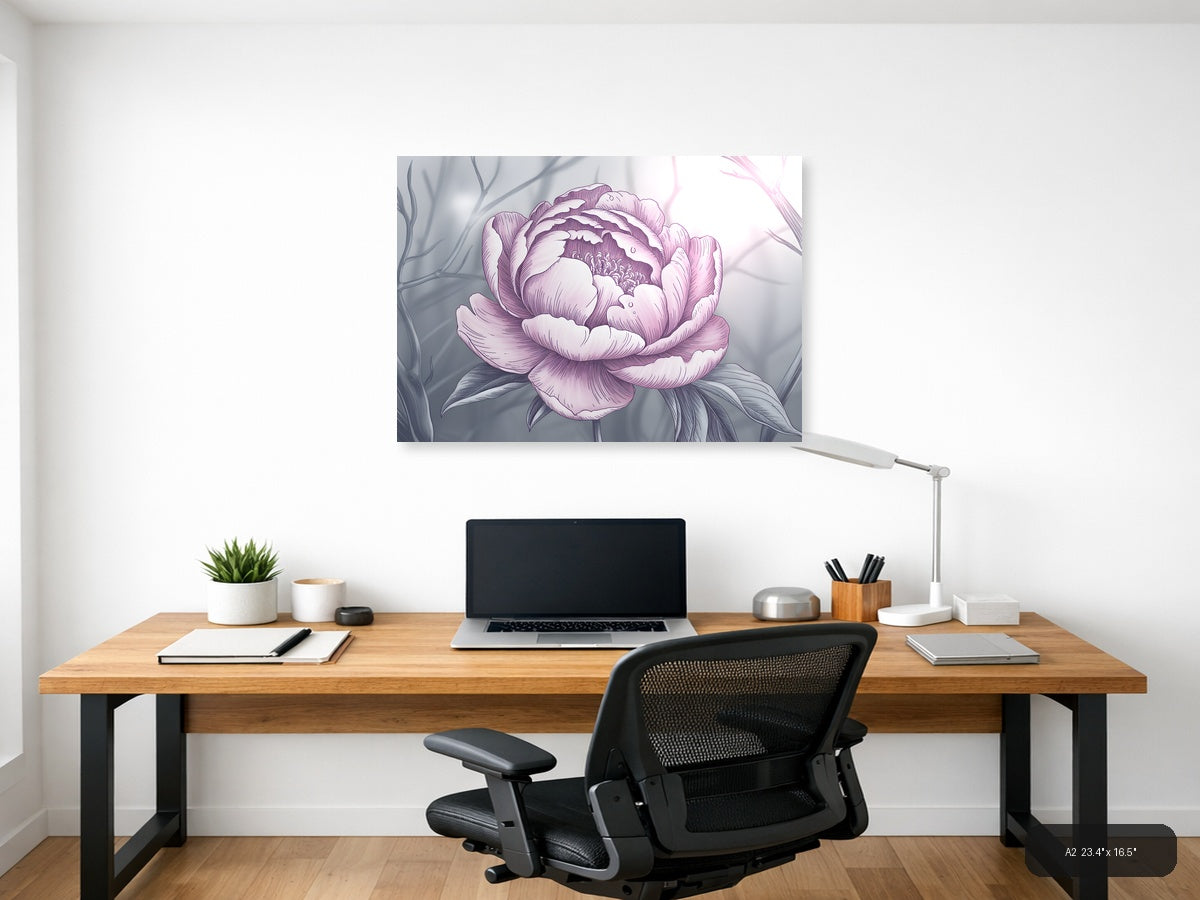 Pink Peony Line Art Illustration Wall Art — A2 / Office