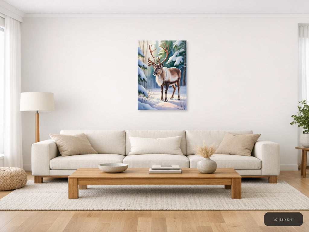 Winter Reindeer in Snowy Forest Watercolor Wall Art — A2 / Living Room
