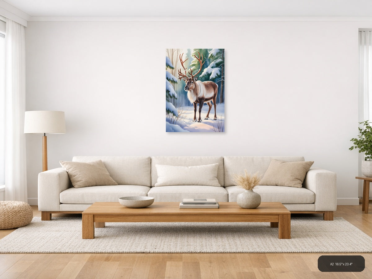 Winter Reindeer in Snowy Forest Watercolor Wall Art — A2 / Living Room