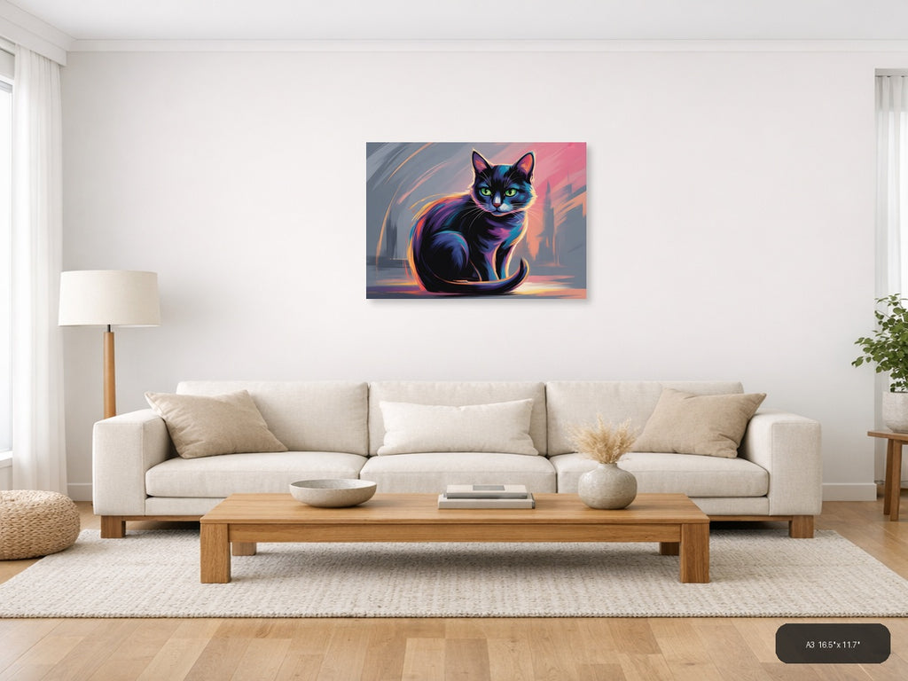Neon Cat Abstract Glow Modern Wall Art — A3 / Living Room