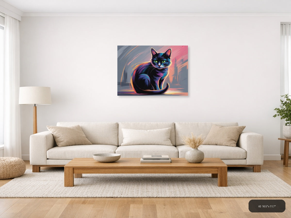 Neon Cat Abstract Glow Modern Wall Art — A3 / Living Room
