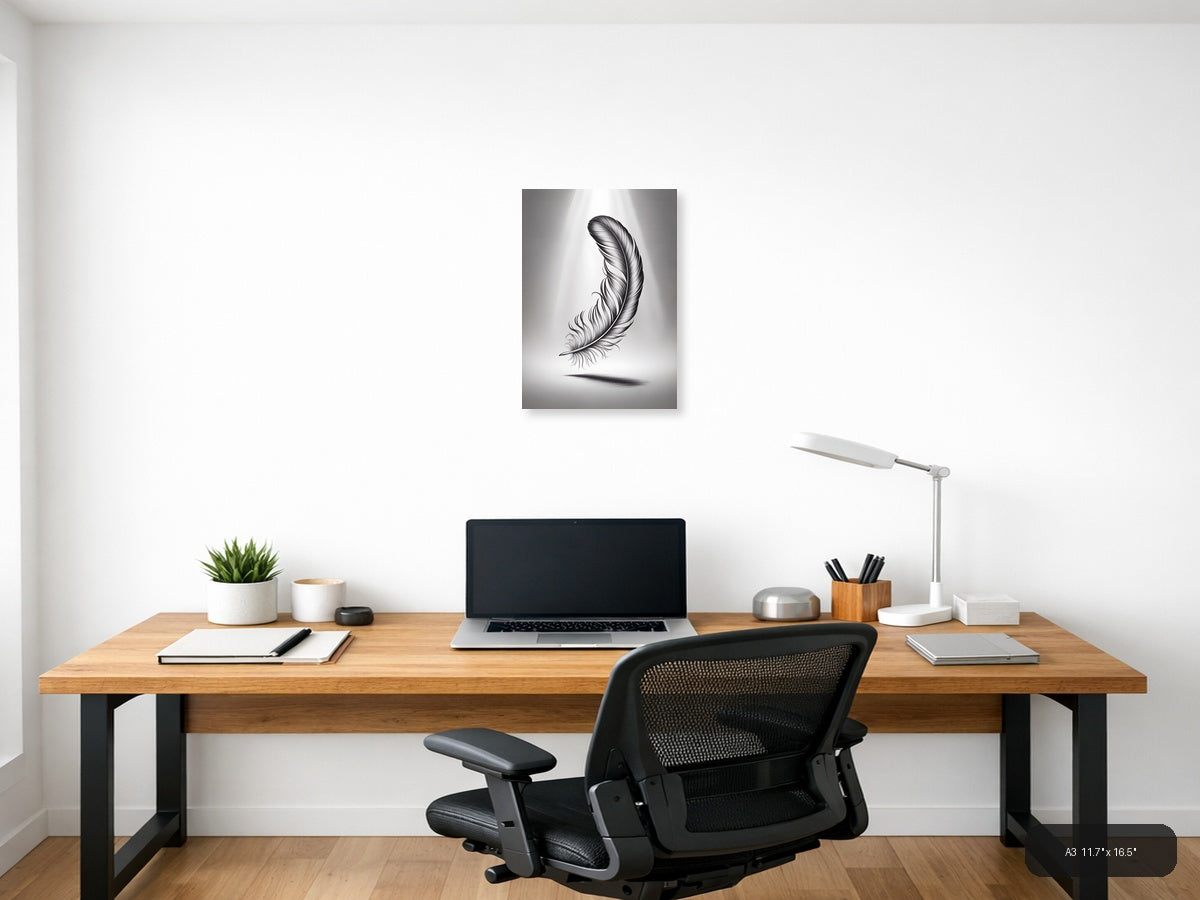 Detailed Feather Line Art Drawing - Minimalist Wall Art — A3 / Office