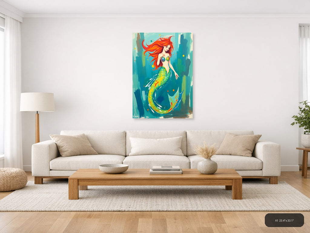 Vibrant Mermaid with Red Hair Abstract Wall Art — A1 / Living Room