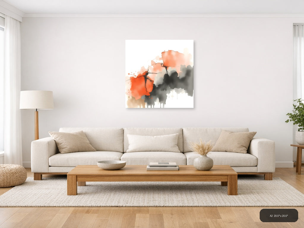 Abstract Watercolor Map with Orange and Gray Wall Art — A2 / Living Room