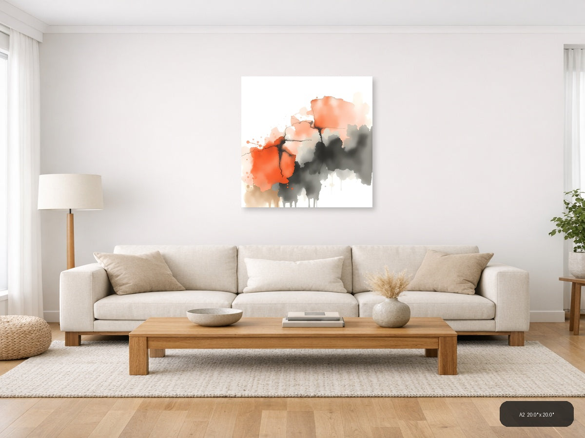 Abstract Watercolor Map with Orange and Gray Wall Art — A2 / Living Room