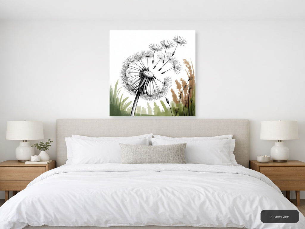 Dandelion Line Art Black Ink Botanical Wall Art — A1 / Bedroom