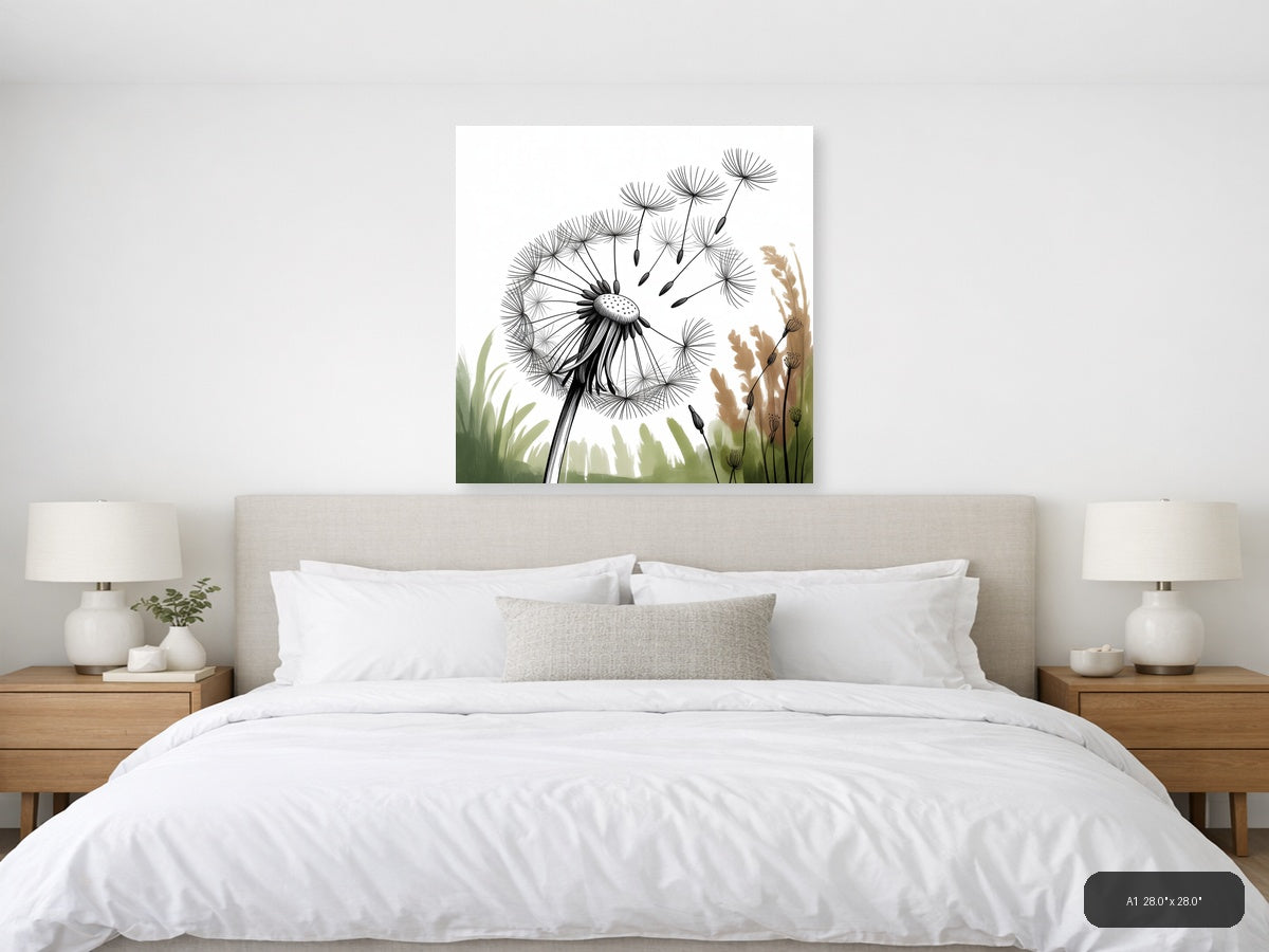 Dandelion Line Art Black Ink Botanical Wall Art — A1 / Bedroom