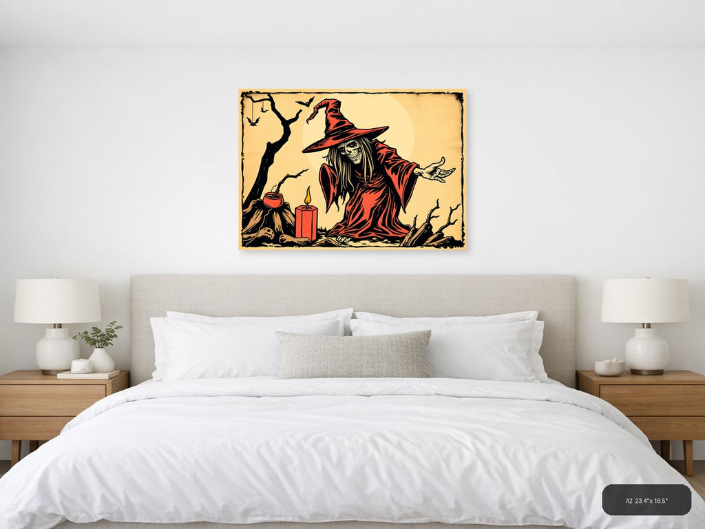 Vintage Witch in Red Robe Halloween Wall Art — A2 / Bedroom