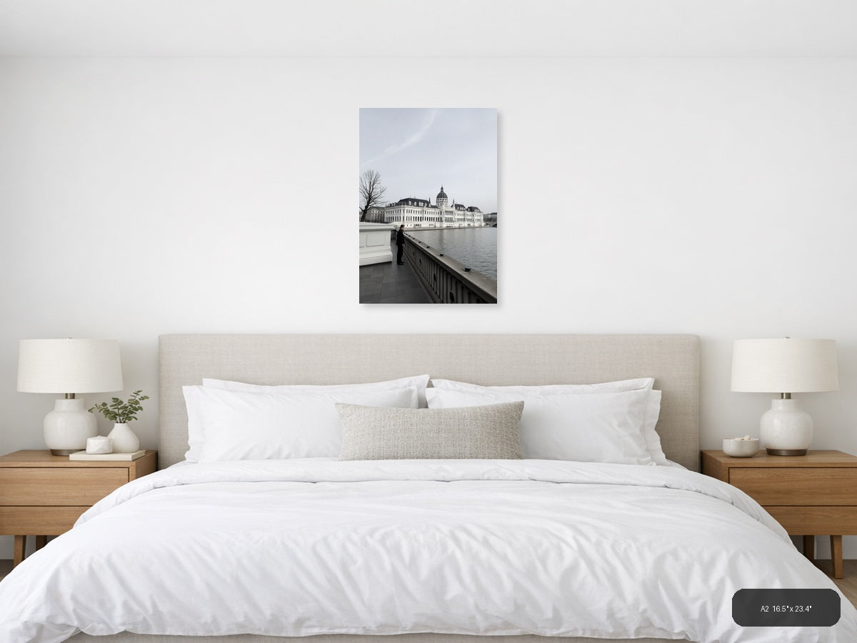 Man at Railing Overlooking Grand Palace | Minimalist Wall Art — A2 (Bedroom)