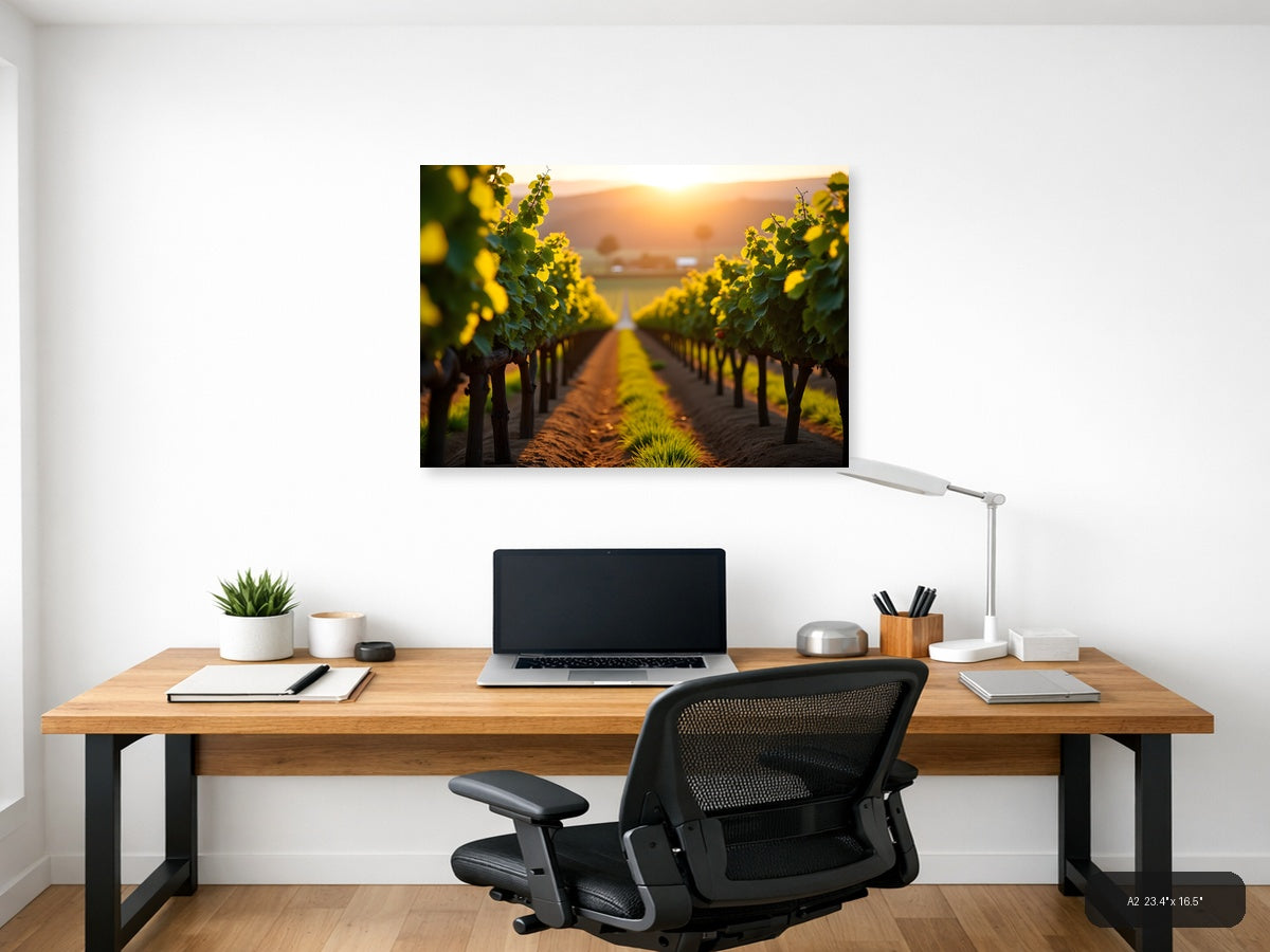 Golden Sunset Vineyard Rows Photography Wall Art — A2 / Office