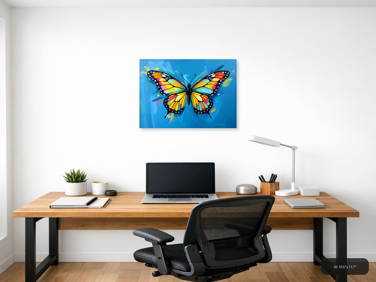 Vibrant Rainbow Butterfly Abstract Blue Wall Art — A3 / Office