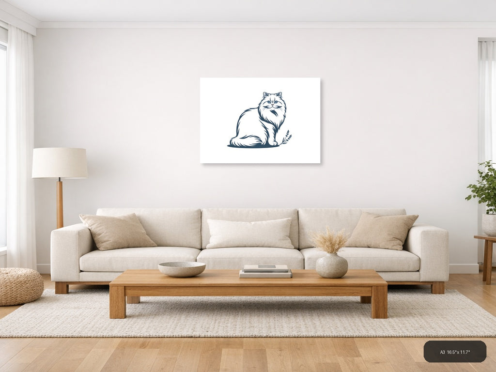 Minimalist Persian Cat with Mustache Wall Art — A3 / Living Room