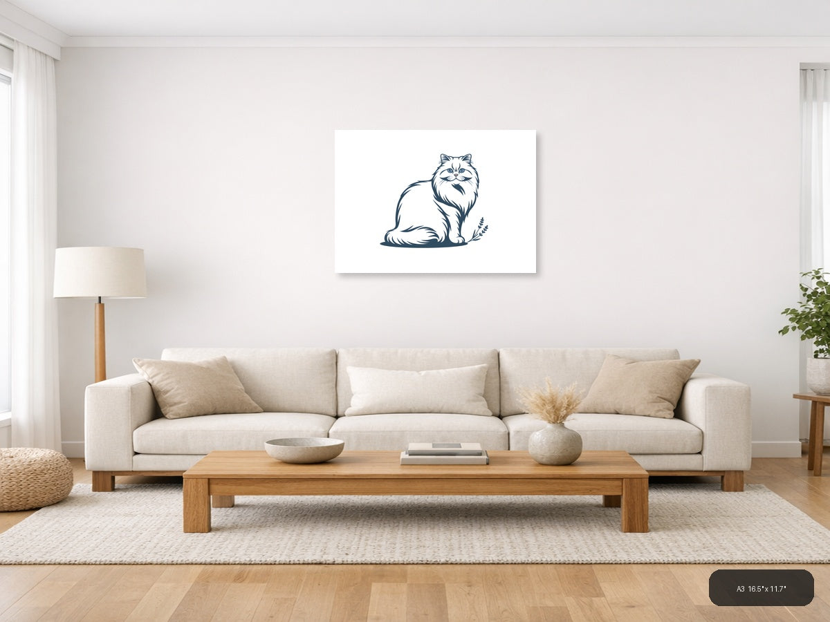 Minimalist Persian Cat with Mustache Wall Art — A3 / Living Room