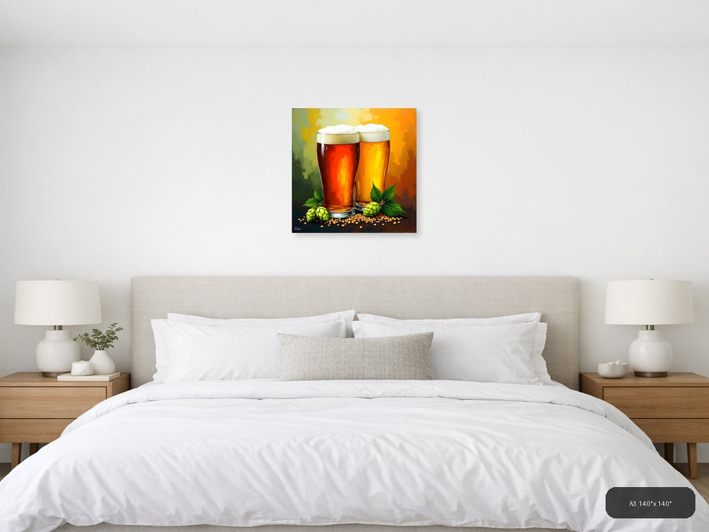 Two Beer Glasses with Hops Abstract Wall Art — A3 / Bedroom