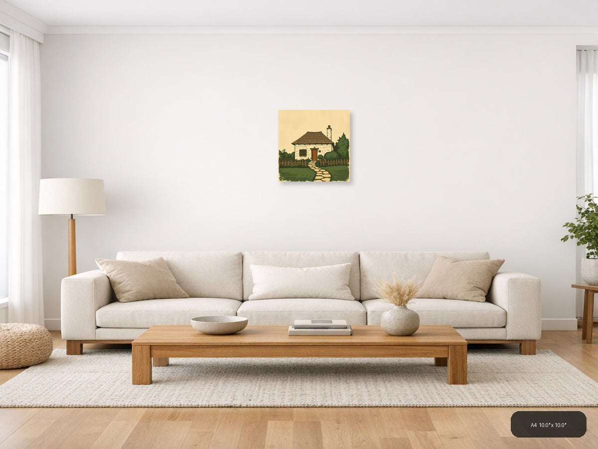 Vintage Cottage with Chimney & Garden Fence Wall Art — A4 / Living Room