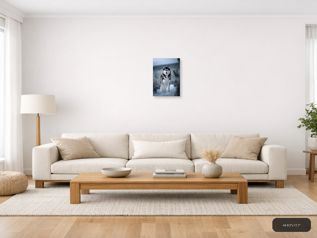 Husky with Blue Eyes in Snowy Winter Forest Photography Wall Art — A4 / Living Room