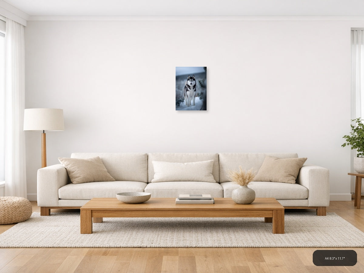 Husky with Blue Eyes in Snowy Winter Forest Photography Wall Art — A4 / Living Room