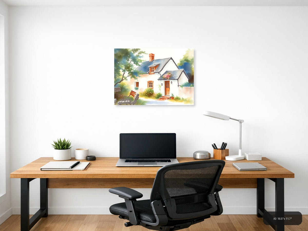 Charming Cottage Watercolor Landscape Wall Art — A3 / Office