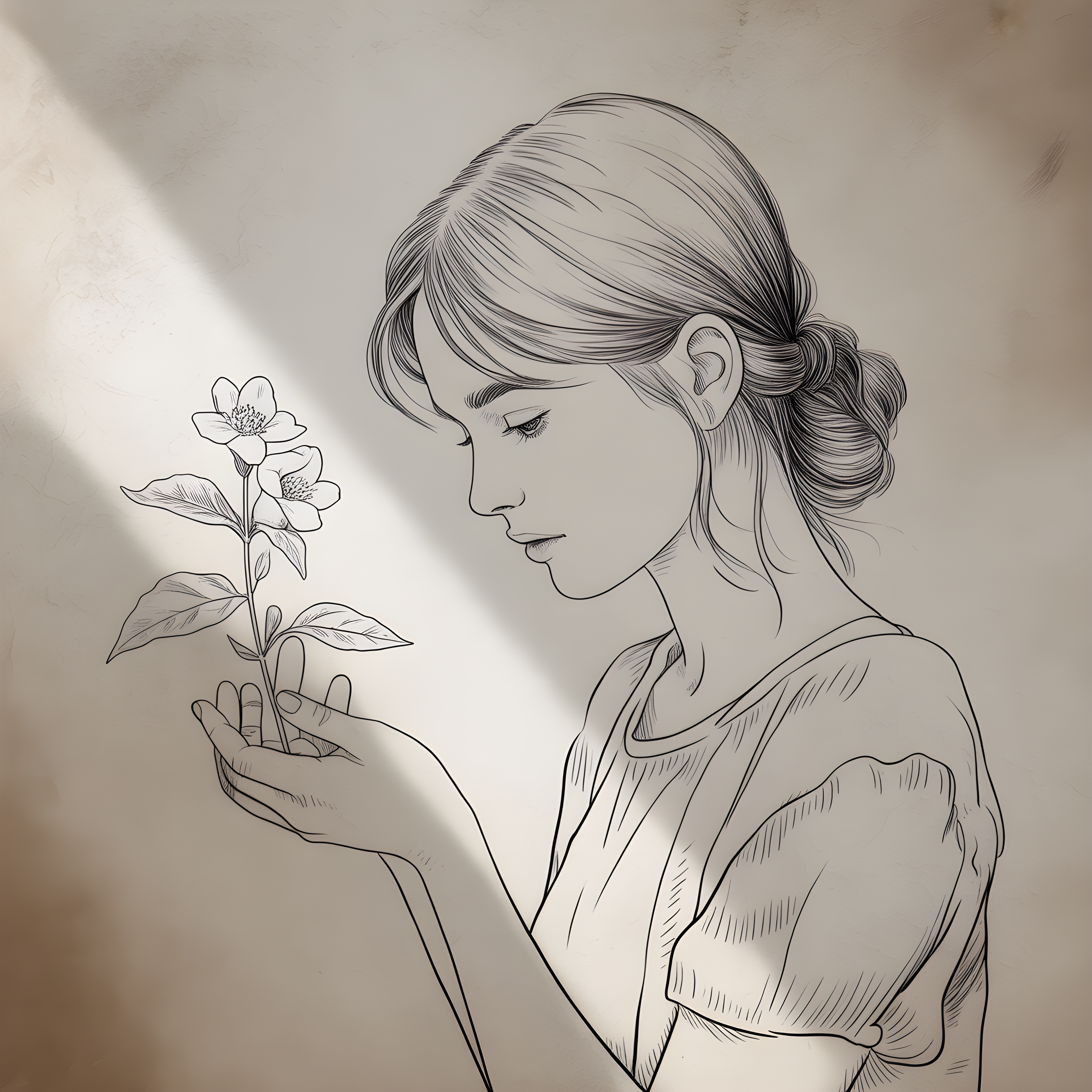 Woman with Flower Line Art Drawing Wall Art