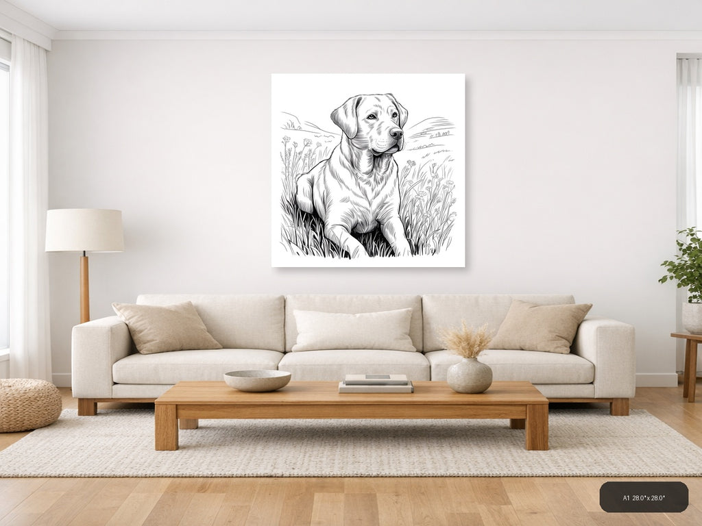 Labrador Retriever in Wildflower Field Line Art Wall Art — A1 / Living Room