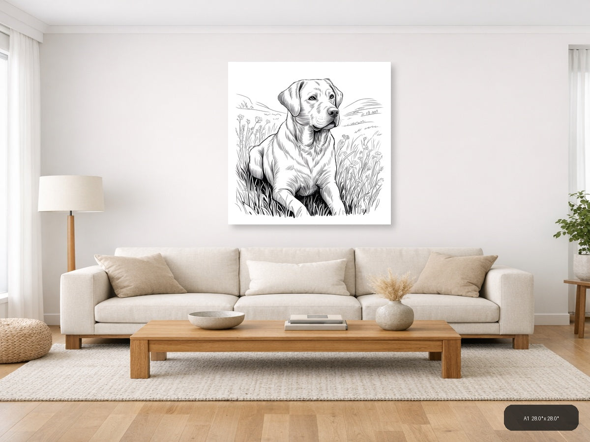 Labrador Retriever in Wildflower Field Line Art Wall Art — A1 / Living Room
