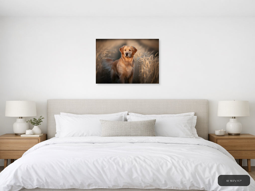 Golden Retriever in Wheat Field Photography Wall Art — A3 / Bedroom