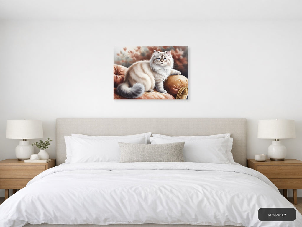 Fluffy White Cat on Red Cushion Watercolor Wall Art — A3 / Bedroom