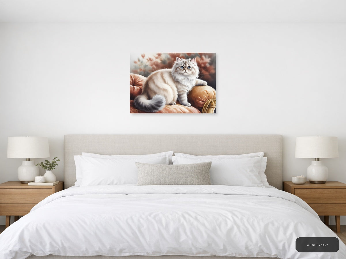 Fluffy White Cat on Red Cushion Watercolor Wall Art — A3 / Bedroom