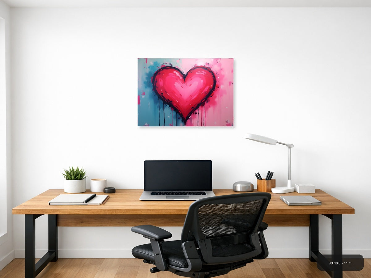 Bold Pink Heart Abstract Drip Modern Wall Art — A3 / Office