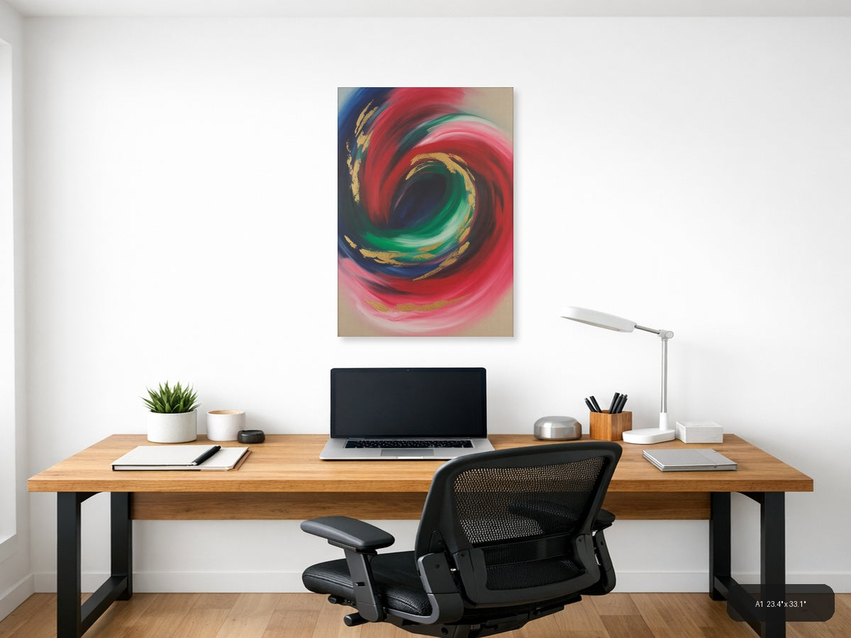 Red & Green Spiral Abstract with Gold Accents Wall Art — A1 / Office