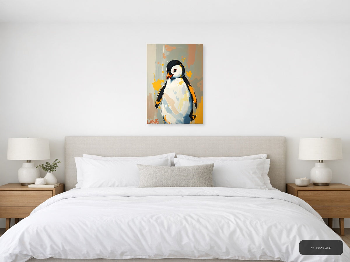 Abstract Penguin Portrait with Orange Splashes Wall Art — A2 / Bedroom
