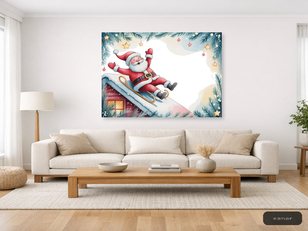 Santa Sledding Watercolor Christmas Wall Art — A1 / Living Room
