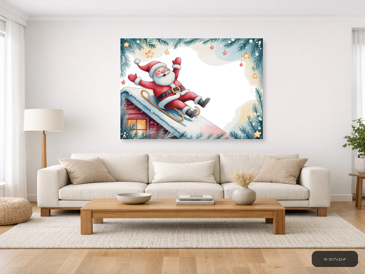 Santa Sledding Watercolor Christmas Wall Art — A1 / Living Room