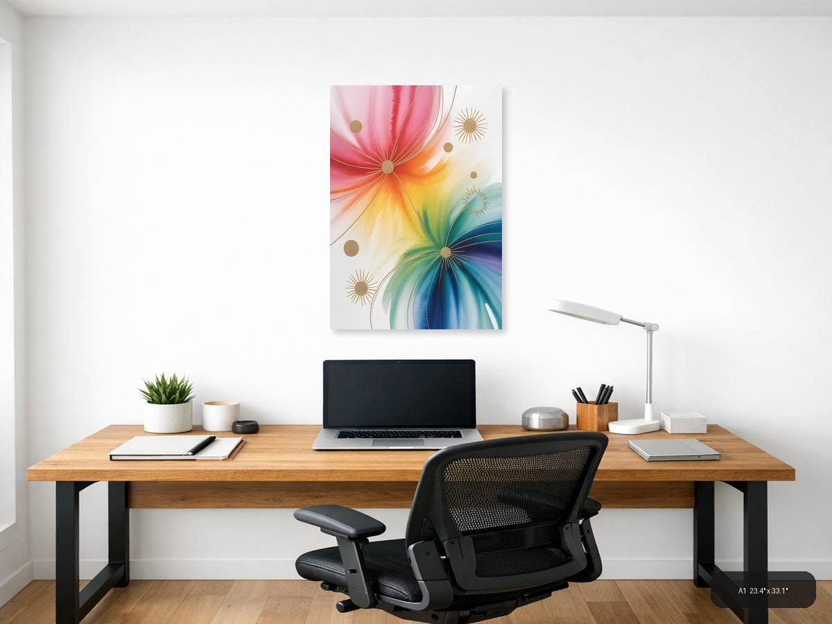 Rainbow Watercolor Sunburst with Gold Accents Wall Art — A1 / Office