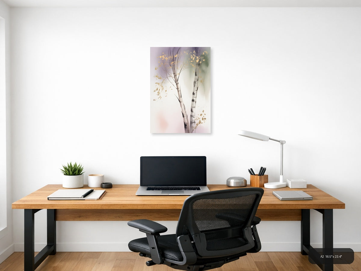 Golden Birch Trees Watercolor Portrait Wall Art — A2 / Office