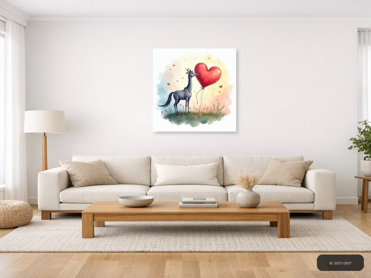 Llama with Heart Balloon Watercolor Wall Art — A2 / Living Room