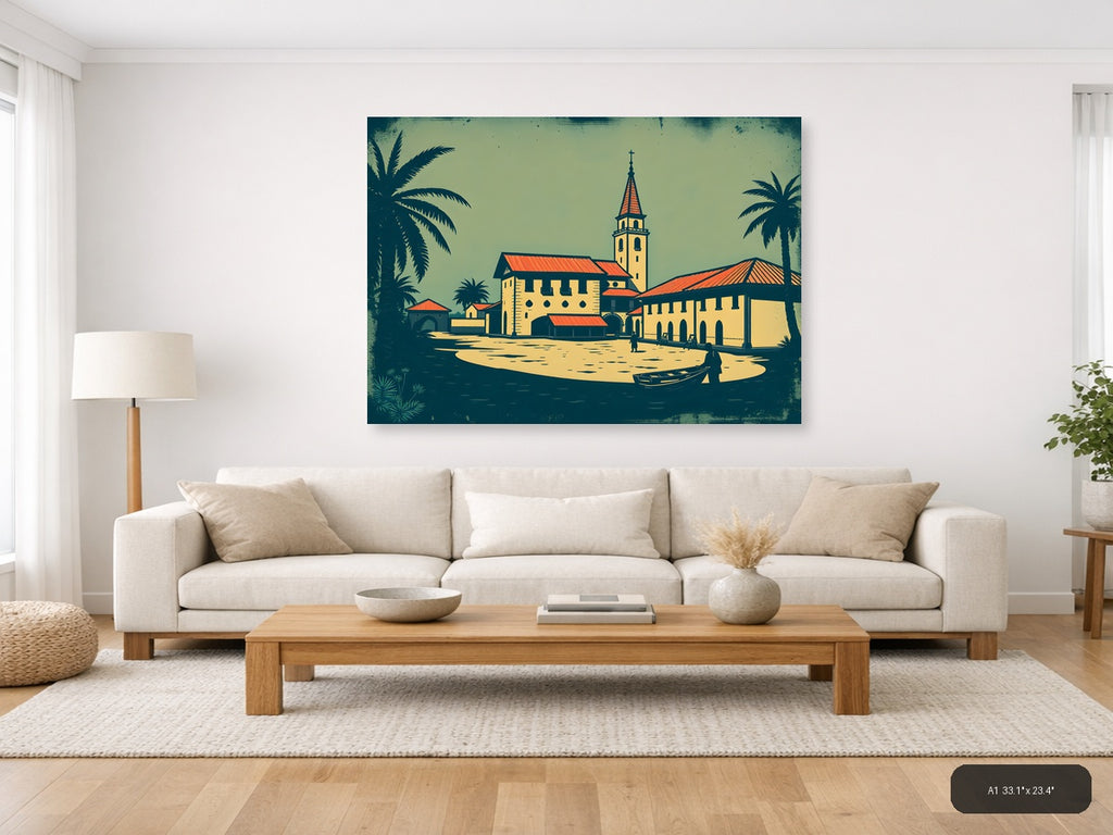 Vintage Tropical Church Landscape Wall Art — A1 / Living Room